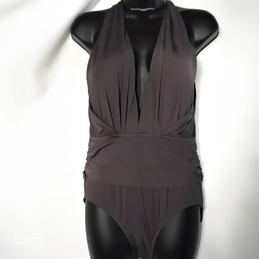 Badley Mischka 1 Pc. Brown Ruching Swimsuit Deep-V Bandeau Halter Logo NWT Sz 12